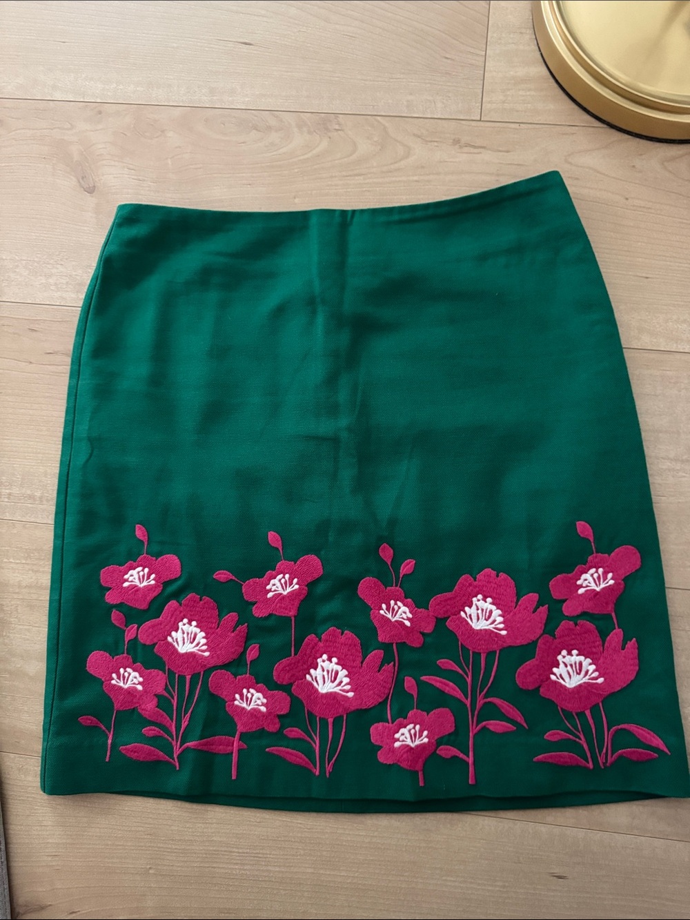 Boden Emerald Green Pencil Skirt with Pink Floral Embroidery